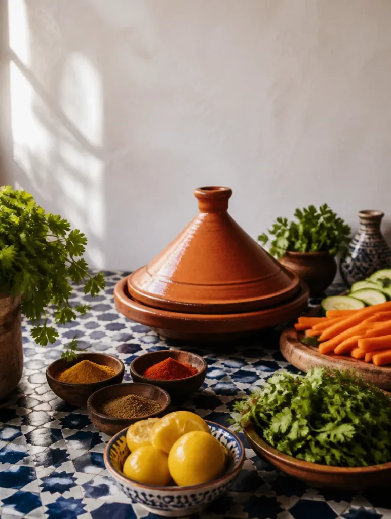 Tagine, spice bowls, preserved lemons and fresh herbs on a blue zellige tile table (AI-generated illustration)